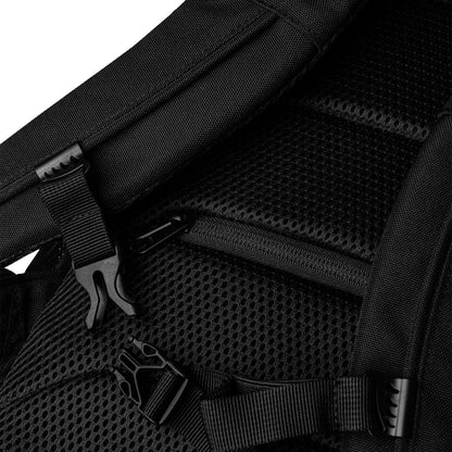 Fog & Foundry Canvas Backpack No. 01 with all-over white print, featuring multiple compartments and sturdy straps for everyday use.