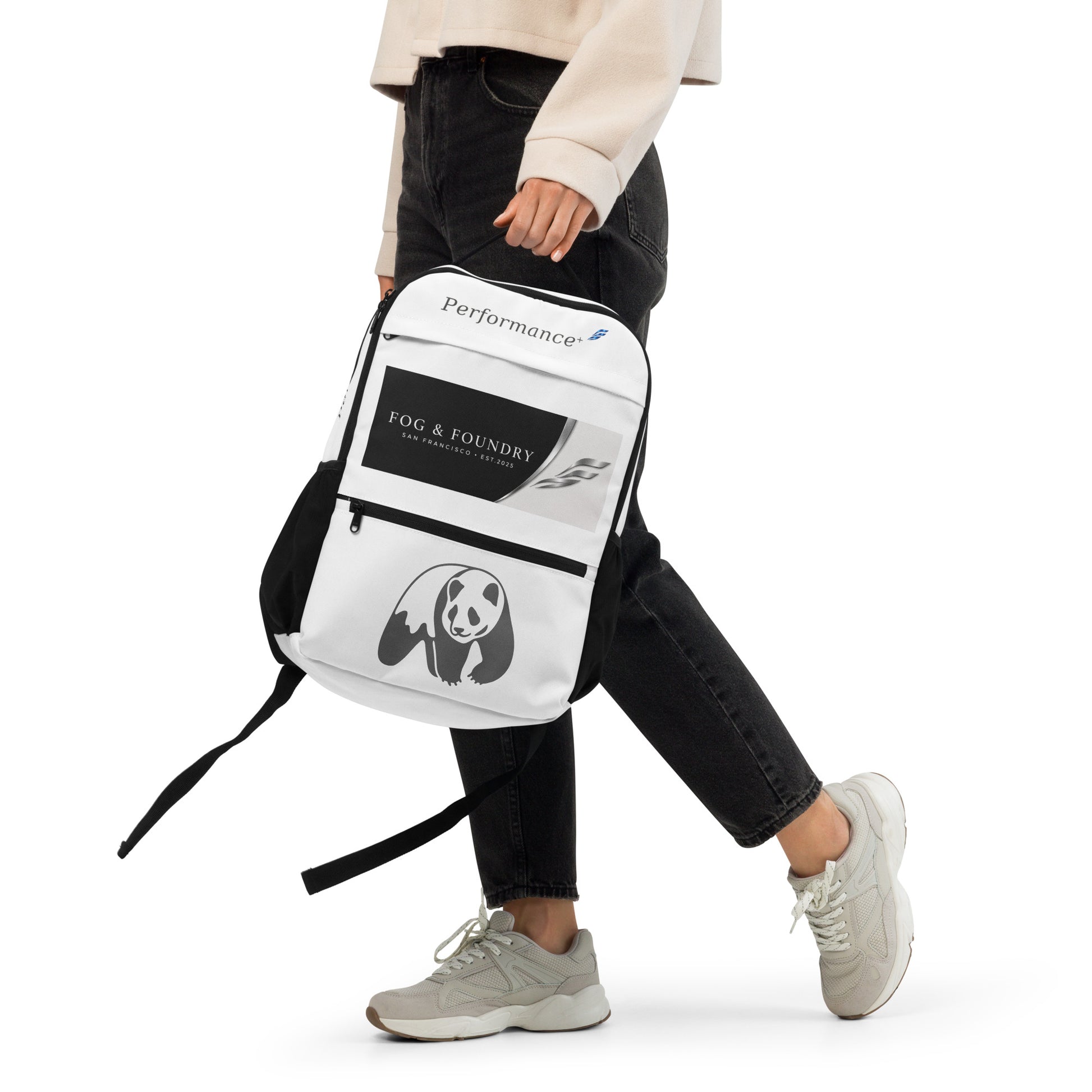 Fog & Foundry Canvas Backpack No. 01 with all-over-print design, featuring a white utility backpack front view.