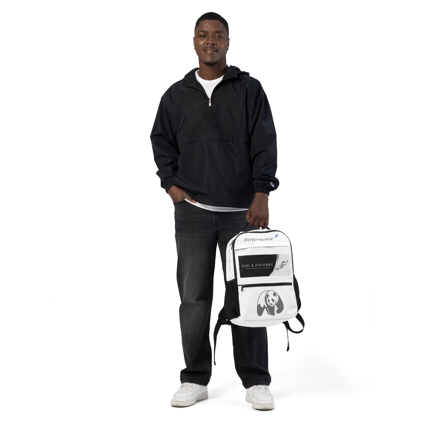 Fog & Foundry Canvas Backpack No. 01 with all-over white print, featuring multiple compartments and sturdy straps for everyday use.