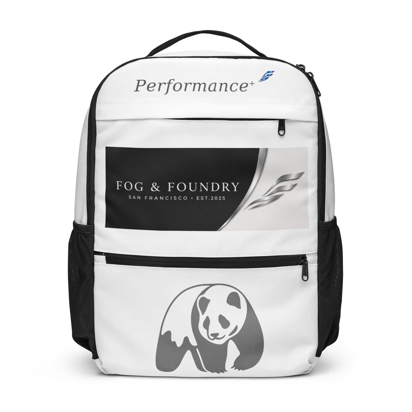Fog & Foundry Canvas Backpack No. 01 with all-over white print, front view showing sturdy straps and utility design.