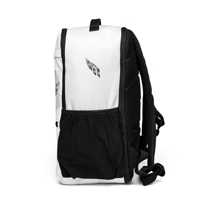 Fog & Foundry Canvas Backpack No. 01 with all-over white print, featuring utility design and adjustable straps.