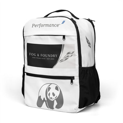 White Fog & Foundry Canvas Backpack No. 01 with all-over print, showing front and side views of the utility-style bag.