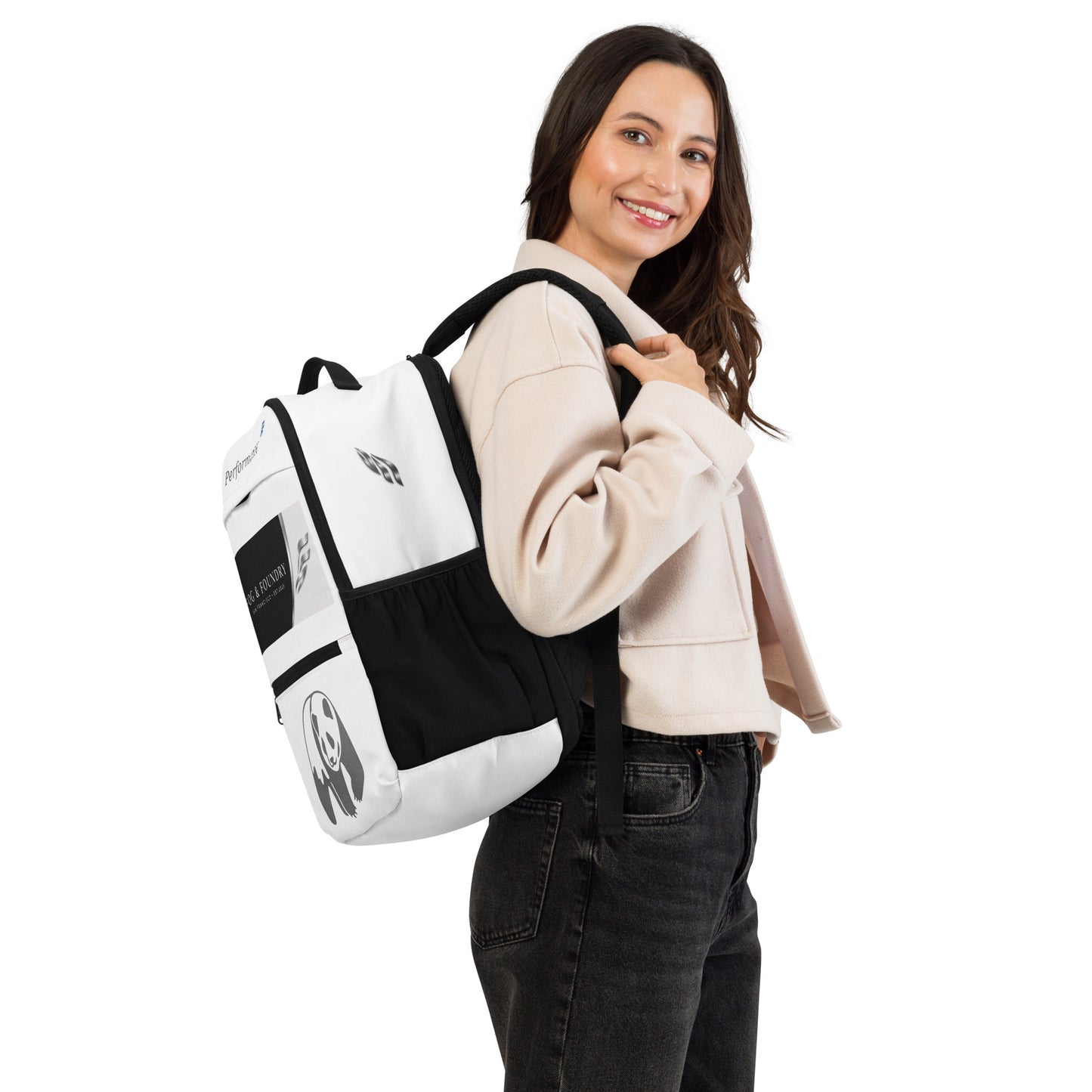 Fog & Foundry Canvas Backpack No. 01 with all-over print, utility design, white color, and adjustable shoulder straps.