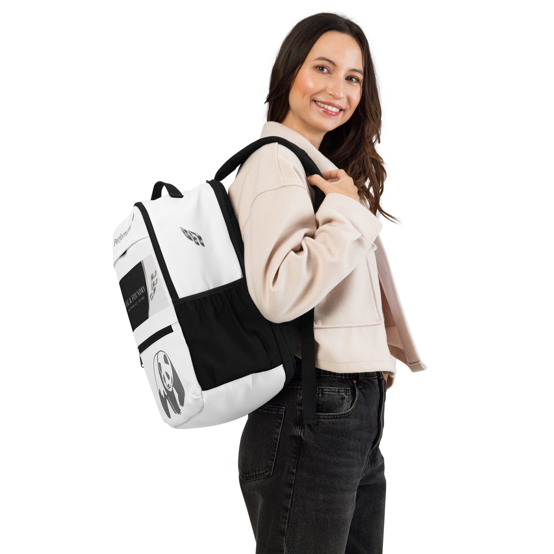Fog & Foundry Canvas Backpack No. 01 with all-over print, utility design, white color, and adjustable shoulder straps.