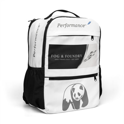 Fog & Foundry Canvas Backpack No. 01 with all-over print, white color, showing front and side view.