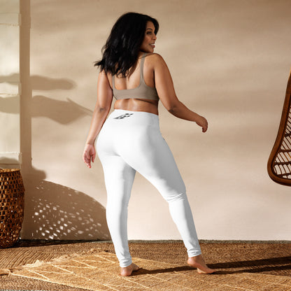 White high-waist yoga leggings with all-over print from Fog & Foundry, shown from the back view.