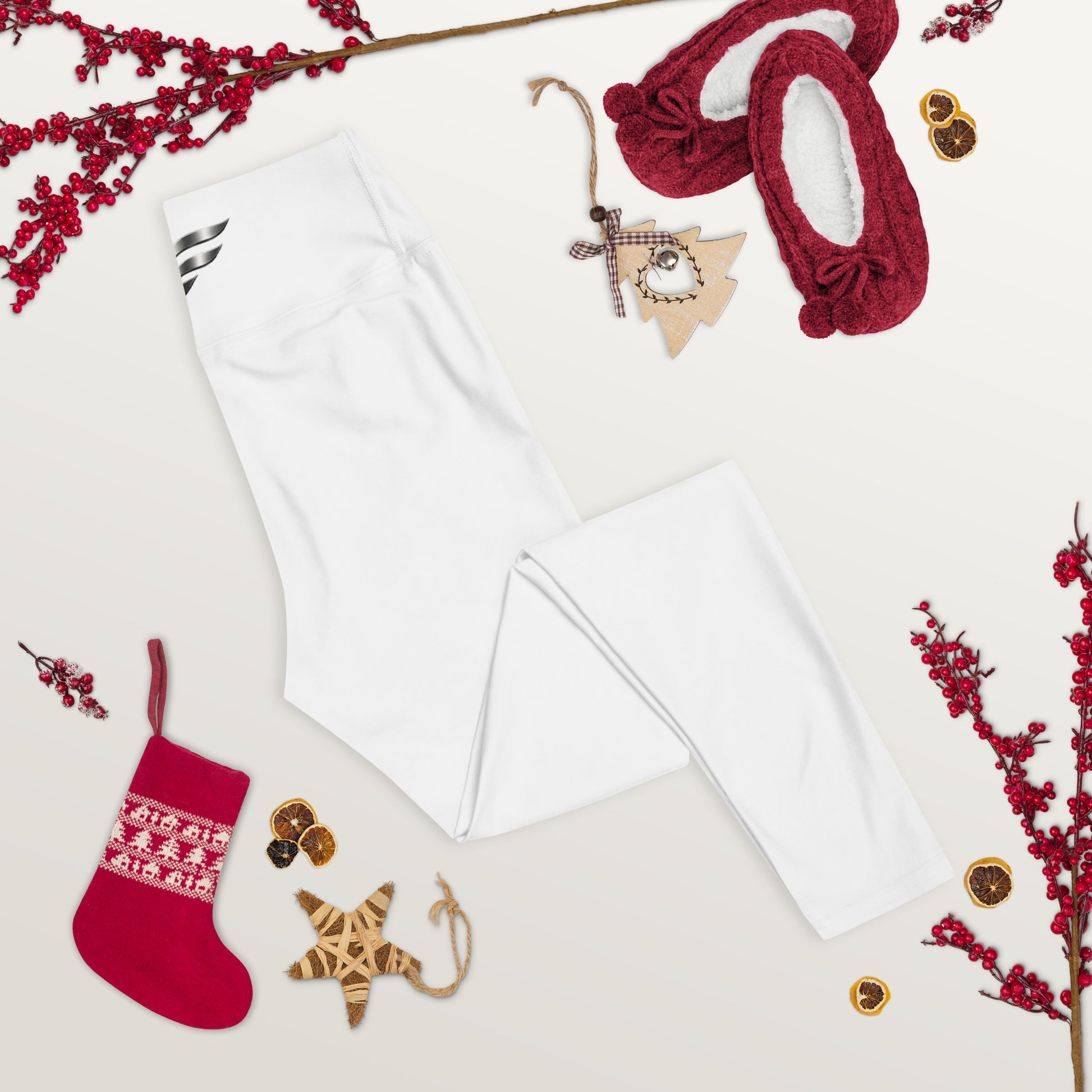 White high waist yoga leggings with all-over print from Fog & Foundry, shown from the front.