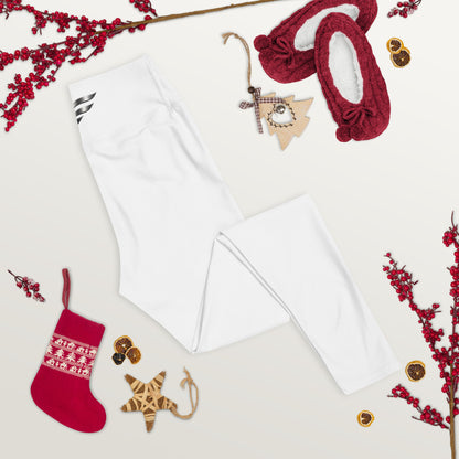 White high waist yoga leggings with all-over print from Fog & Foundry, shown from the front.