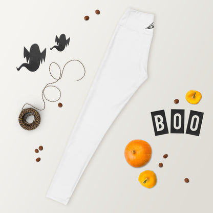 White high waist yoga leggings with all-over print by Fog & Foundry, shown from the front.