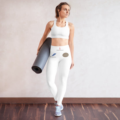 White high-waist yoga leggings by Fog & Foundry with an all-over abstract print, shown from the front view.