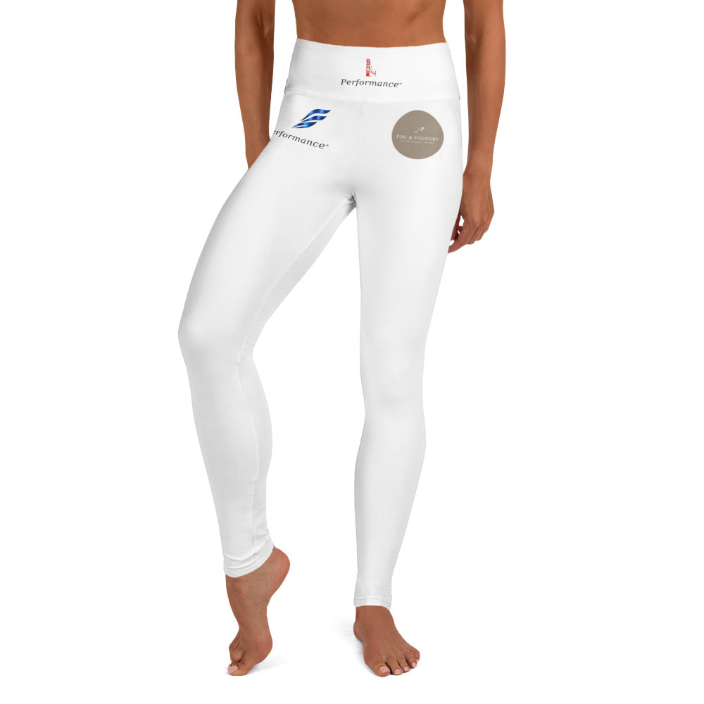 White high-waist yoga leggings by Fog & Foundry with all-over print, shown from the front.