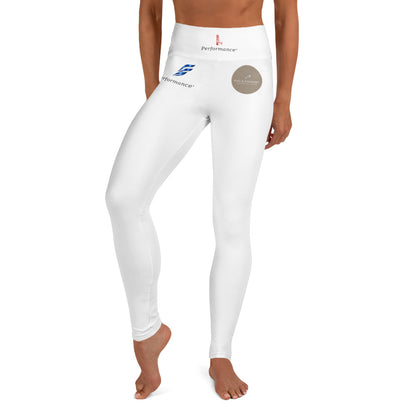White high-waist yoga leggings by Fog & Foundry with all-over print, shown from the front.
