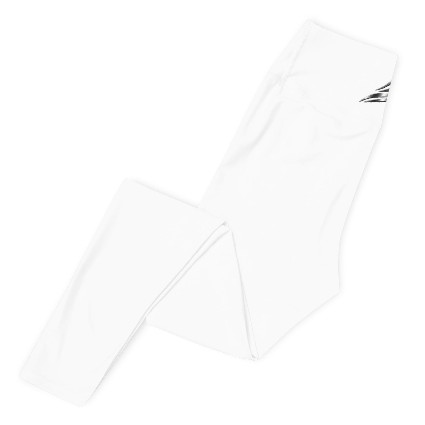 White high-waist yoga leggings with all-over print from Fog & Foundry, displayed on a model's leg.