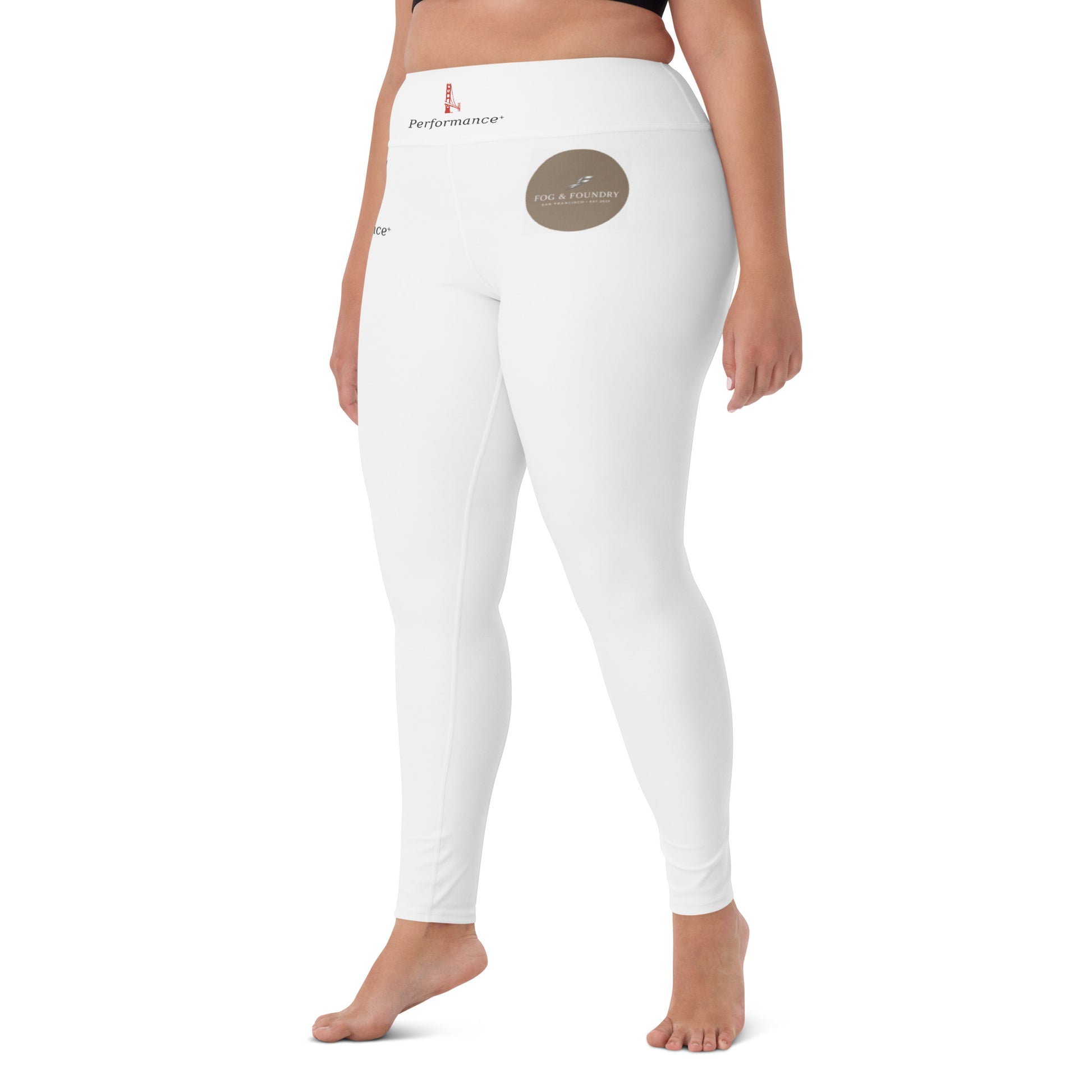 White high-waist yoga leggings with all-over print from Fog & Foundry, shown from a front-left angle.
