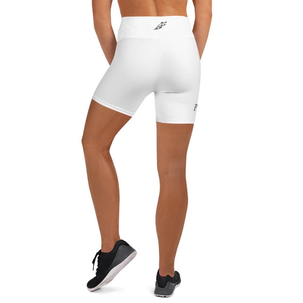 White sublimation print yoga shorts by Fog & Foundry with colorful all-over abstract pattern on the back