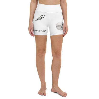 White sublimation print yoga shorts by Fog & Foundry featuring vibrant all-over abstract design on front.
