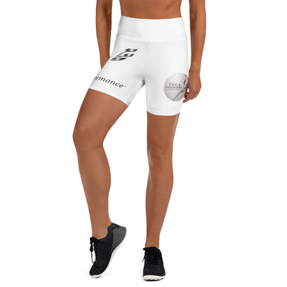 White sublimation print yoga shorts by Fog & Foundry featuring all-over colorful abstract pattern on the front.
