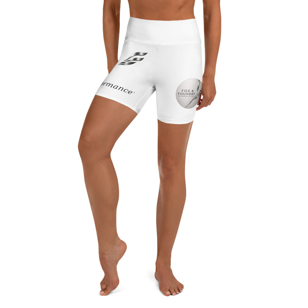White Fog & Foundry yoga shorts with vibrant sublimation print, featuring all-over colorful patterns on lightweight fabric.