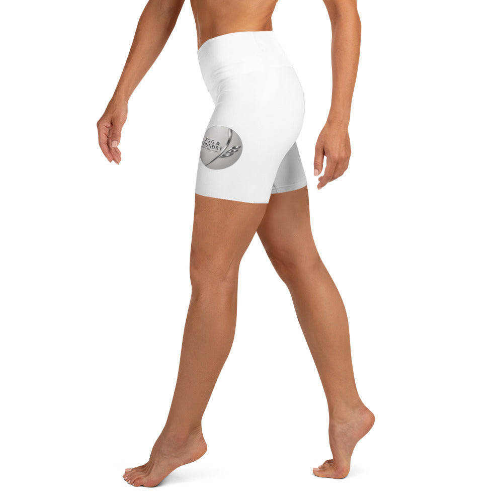 Fog & Foundry yoga shorts with vibrant sublimation print, all-over white design, perfect for active wear and comfortable movement.