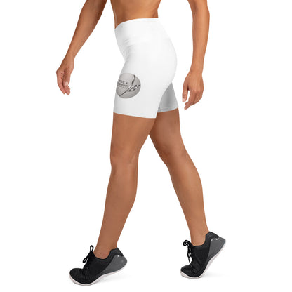 White Fog & Foundry yoga shorts with vibrant sublimation print, showcasing all-over colorful design on lightweight athletic fabric.