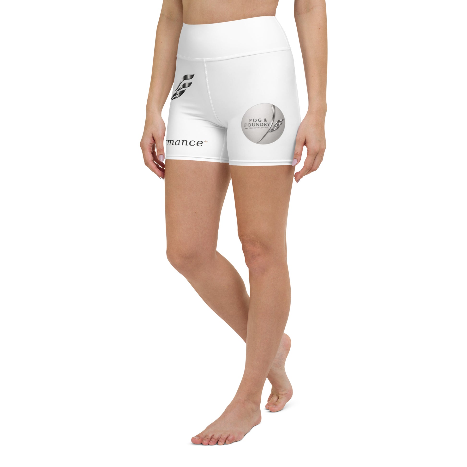 White Fog & Foundry yoga shorts with vibrant sublimation print, featuring an all-over colorful geometric design.