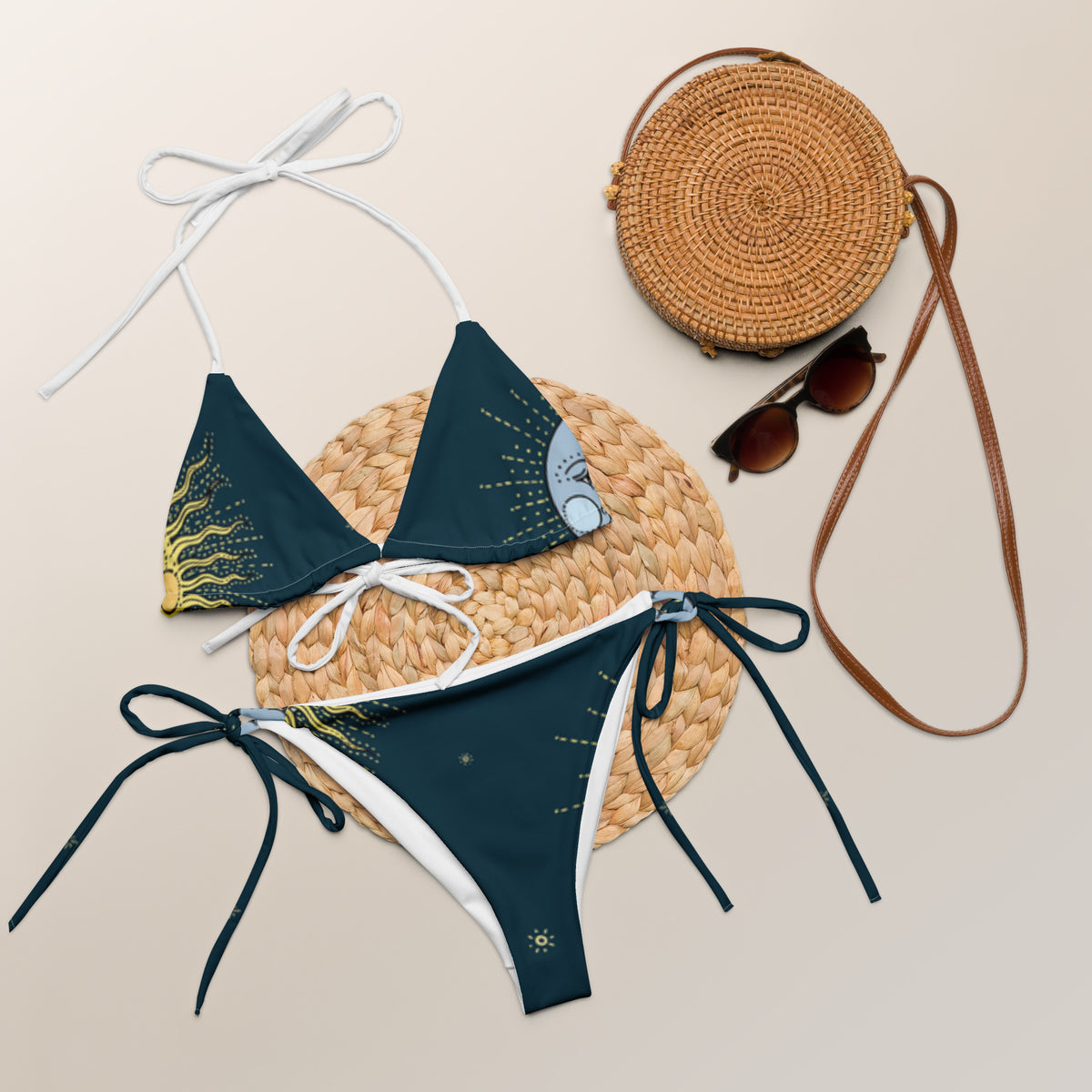 Celestial Tide bikini styled flat lay