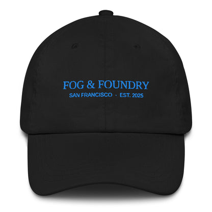 Black embroidered dad hat by Fog & Foundry featuring a classic sportswear style with front embroidery design.