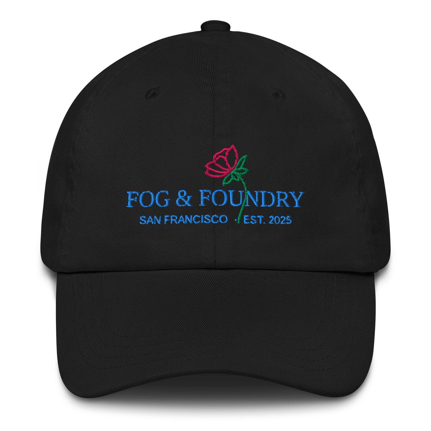 Black embroidered dad hat by Fog & Foundry with classic design and sportswear style, front view.