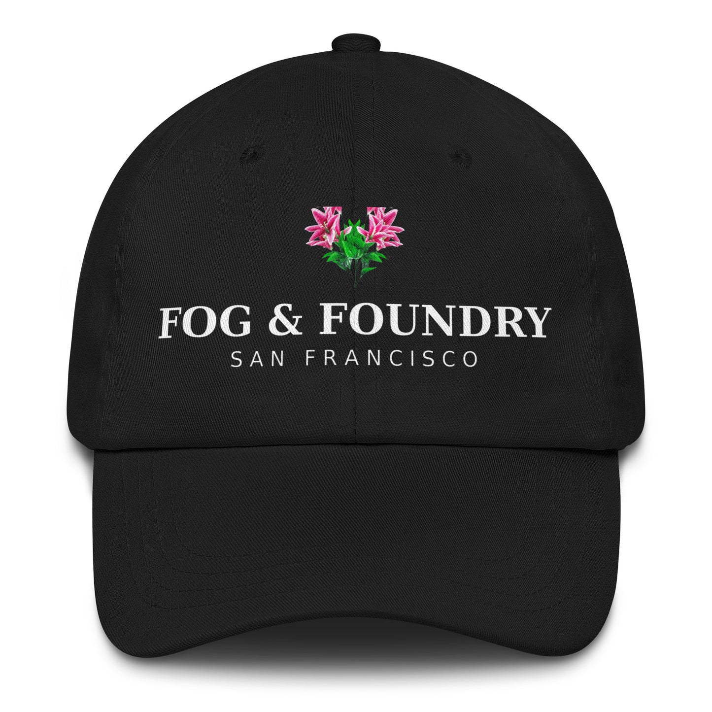 Black dad hat with "San Francisco Flower" embroidered front, Fog & Foundry brand, casual and stylish accessory.