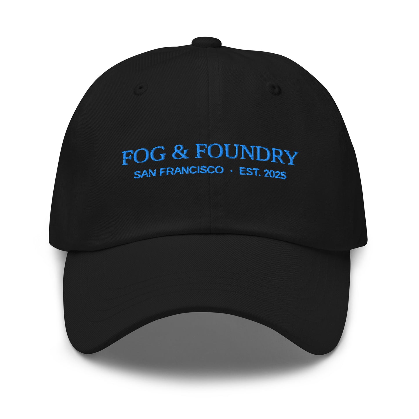 Black embroidered dad hat by Fog & Foundry with a classic design and adjustable strap, suitable for casual sportswear style.