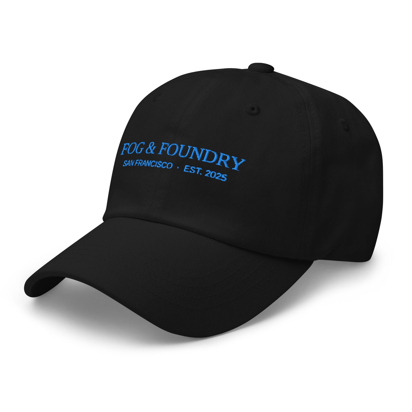 Black embroidered dad hat by Fog & Foundry, featuring a classic design with front embroidery and adjustable strap.