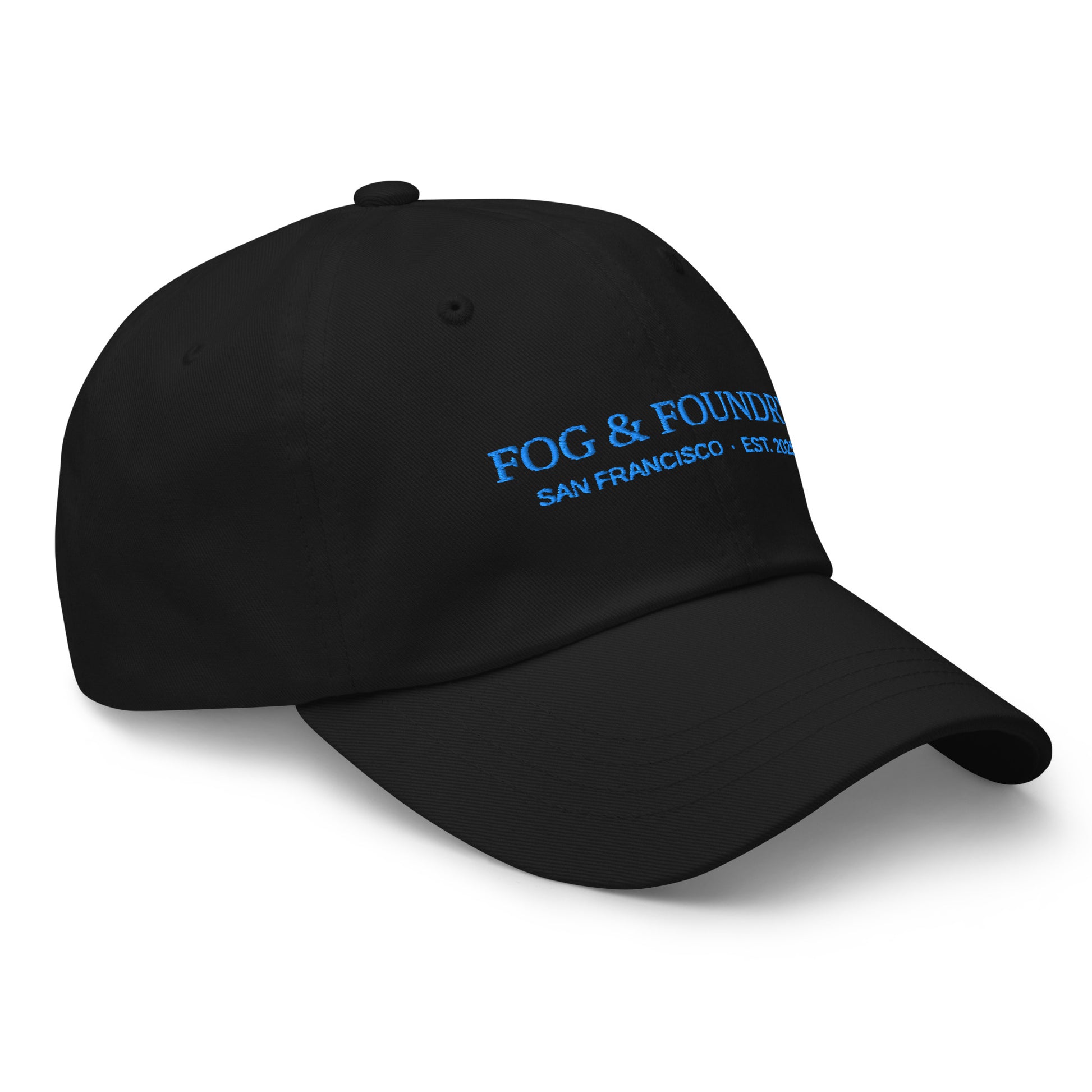 Black embroidered dad hat by Fog & Foundry, showing the front and right side with detailed stitching and classic design.