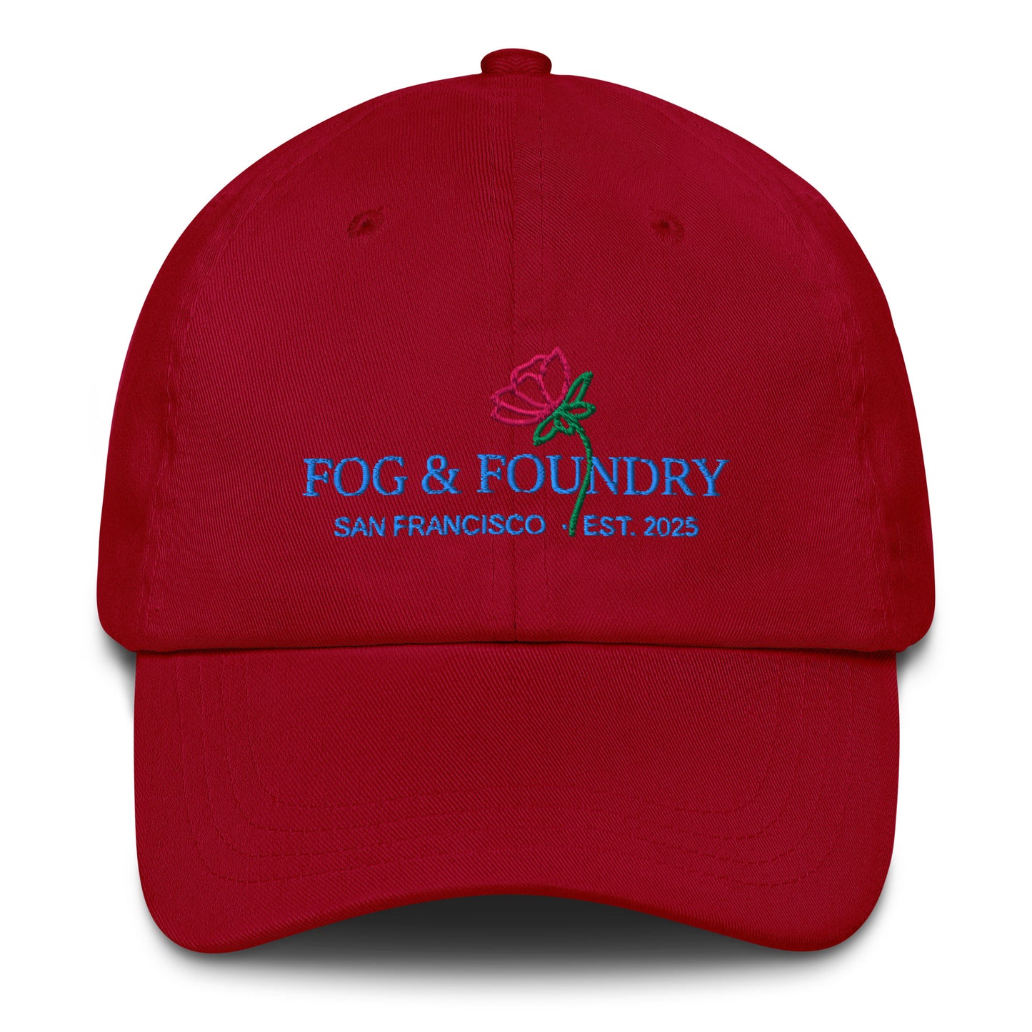 Embroidered dad hat cranberry front — Fog & Foundry
