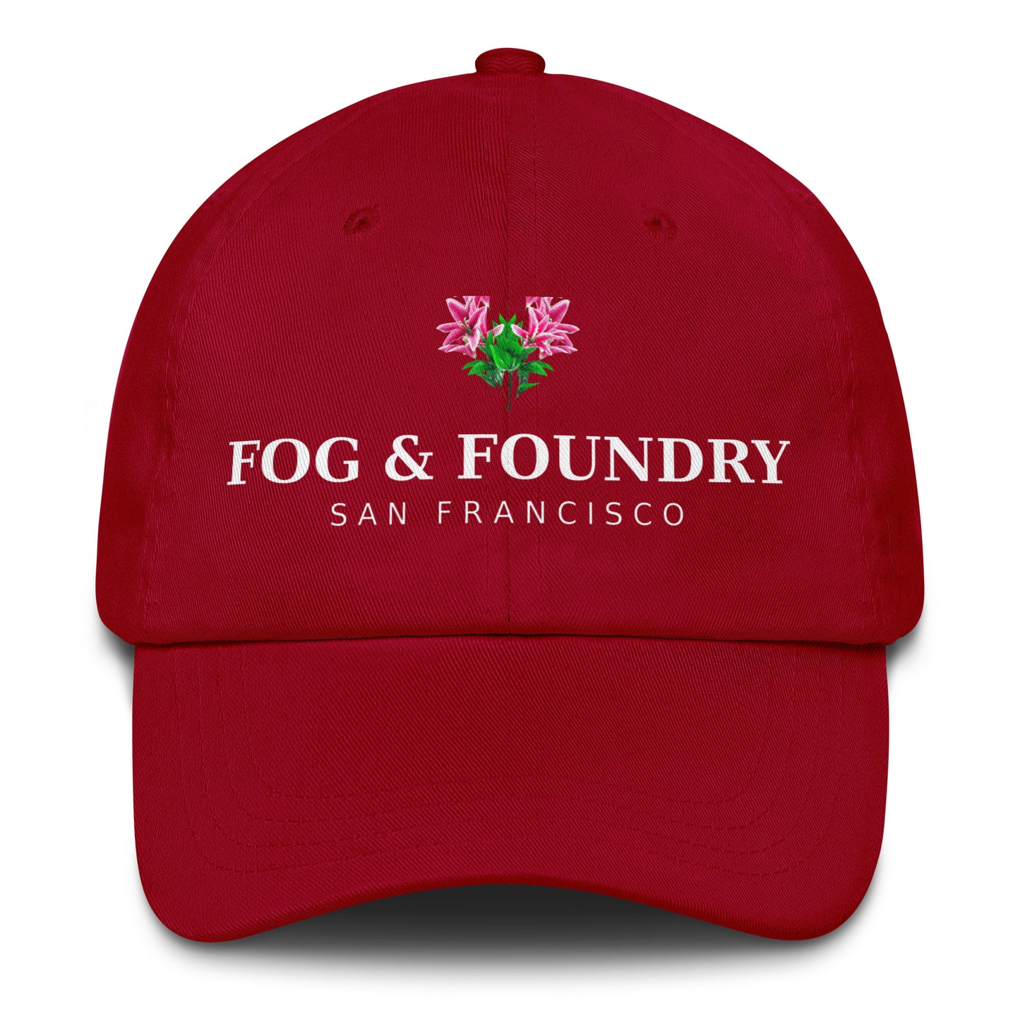 Fog & Foundry San Francisco Flower Hat, classic dad hat in cranberry color, front view showing floral design and adjustable strap.