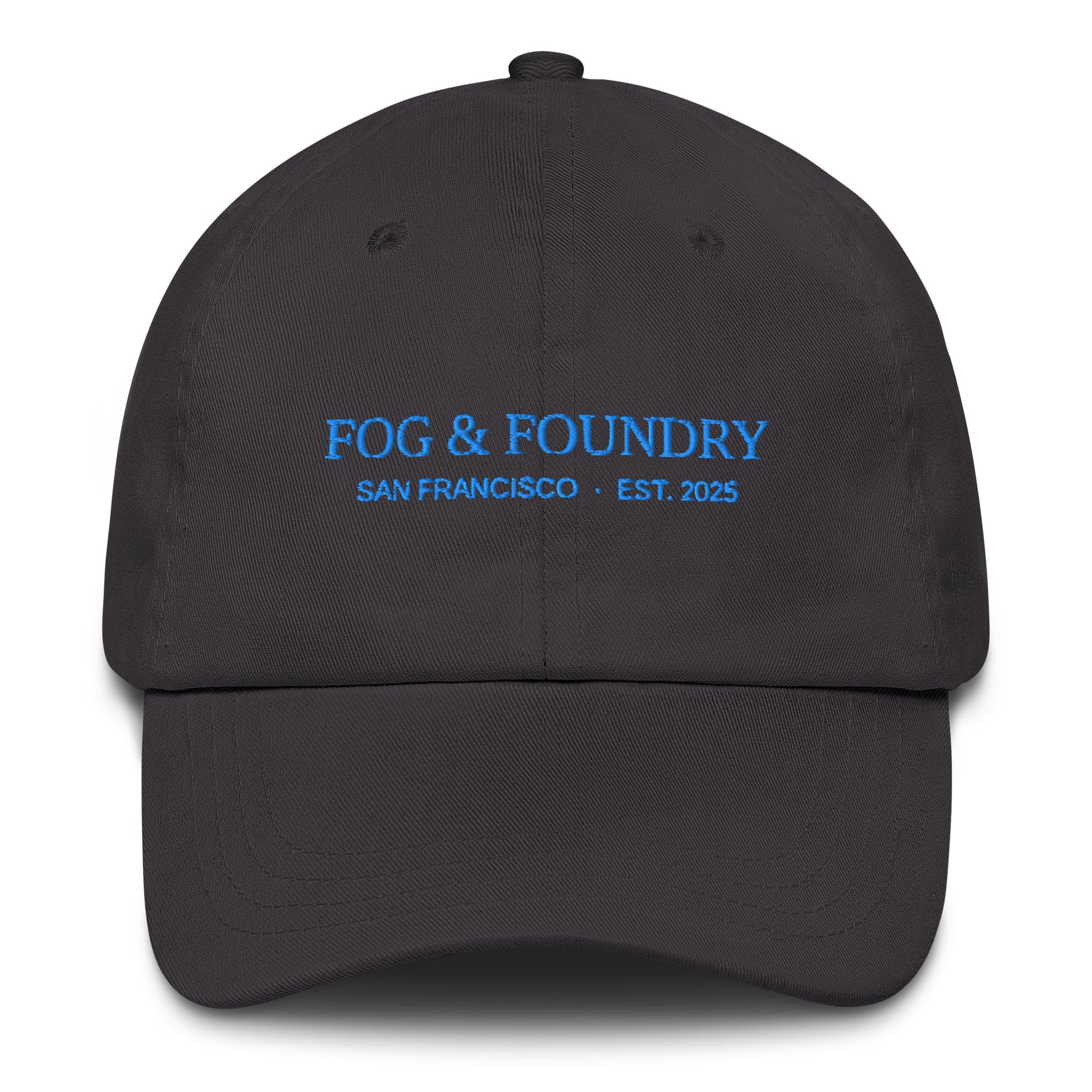 Dark grey embroidered dad hat by Fog & Foundry featuring classic sportswear style and front stitch detail.