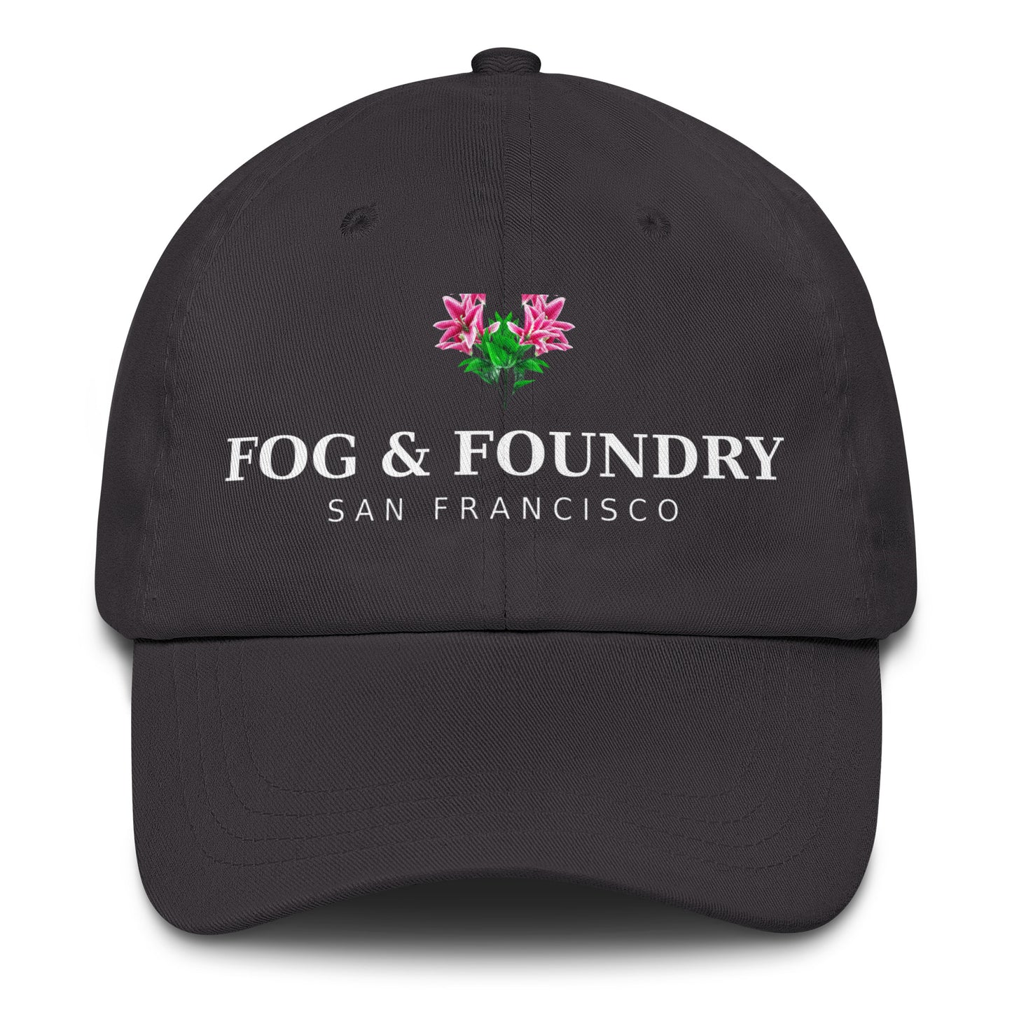 Dark grey San Francisco Flower Hat by Fog & Foundry, classic dad hat style with embroidered flower design on front.