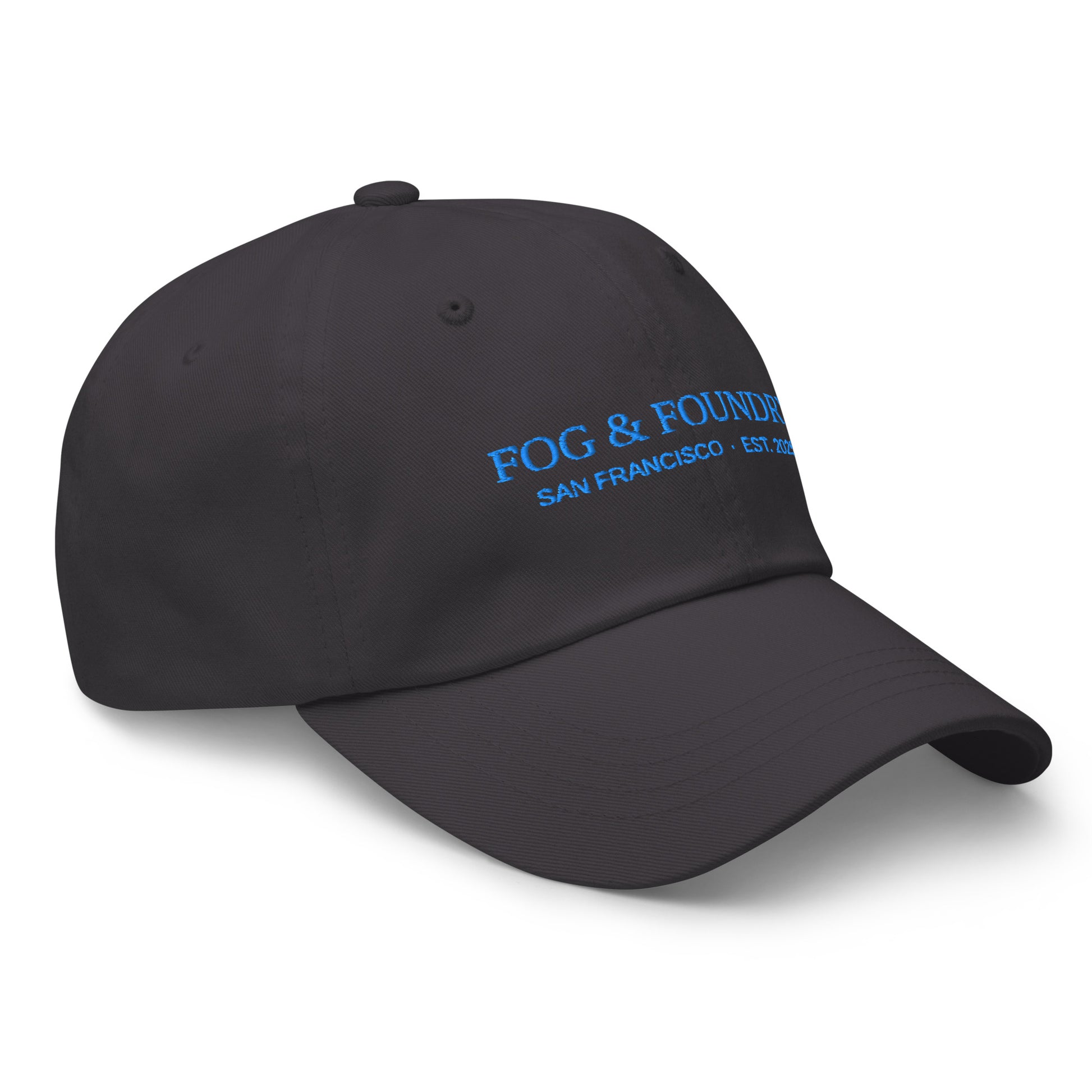 Dark grey embroidered dad hat from Fog & Foundry, with a classic sportswear style and front-facing view.