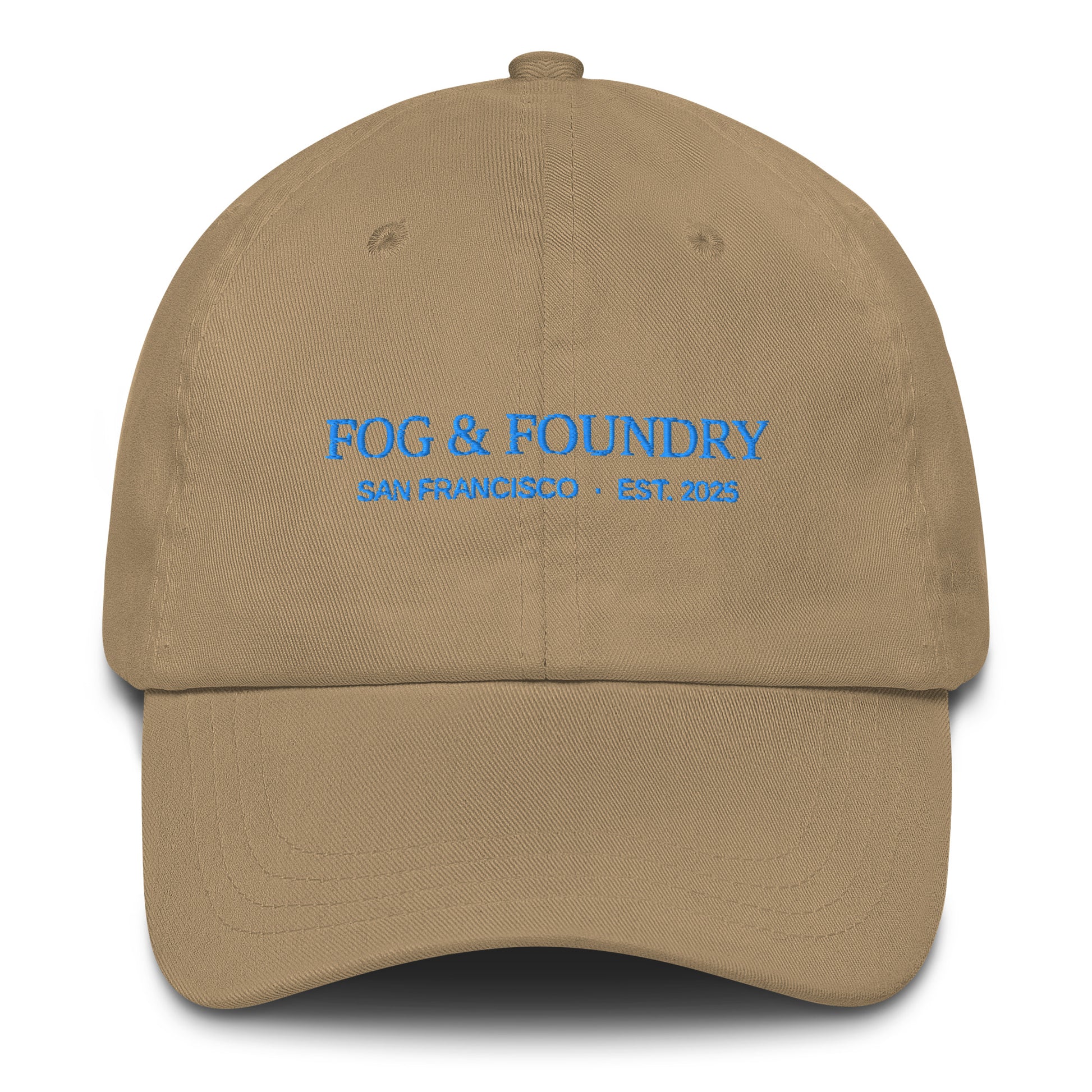 Khaki embroidered dad hat by Fog & Foundry featuring a classic sportswear style with front embroidery.