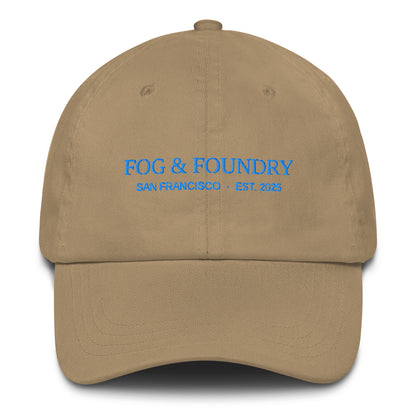 Khaki embroidered dad hat by Fog & Foundry featuring a classic sportswear style with front embroidery.