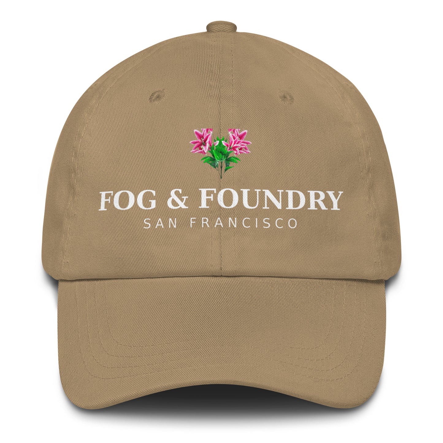Khaki San Francisco Flower Hat by Fog & Foundry, classic dad hat style with front floral embroidery and adjustable strap.