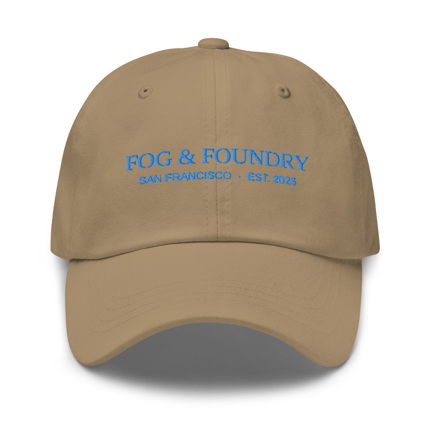 Khaki embroidered dad hat by Fog & Foundry with front logo, casual sportswear style, adjustable brim and classic design.