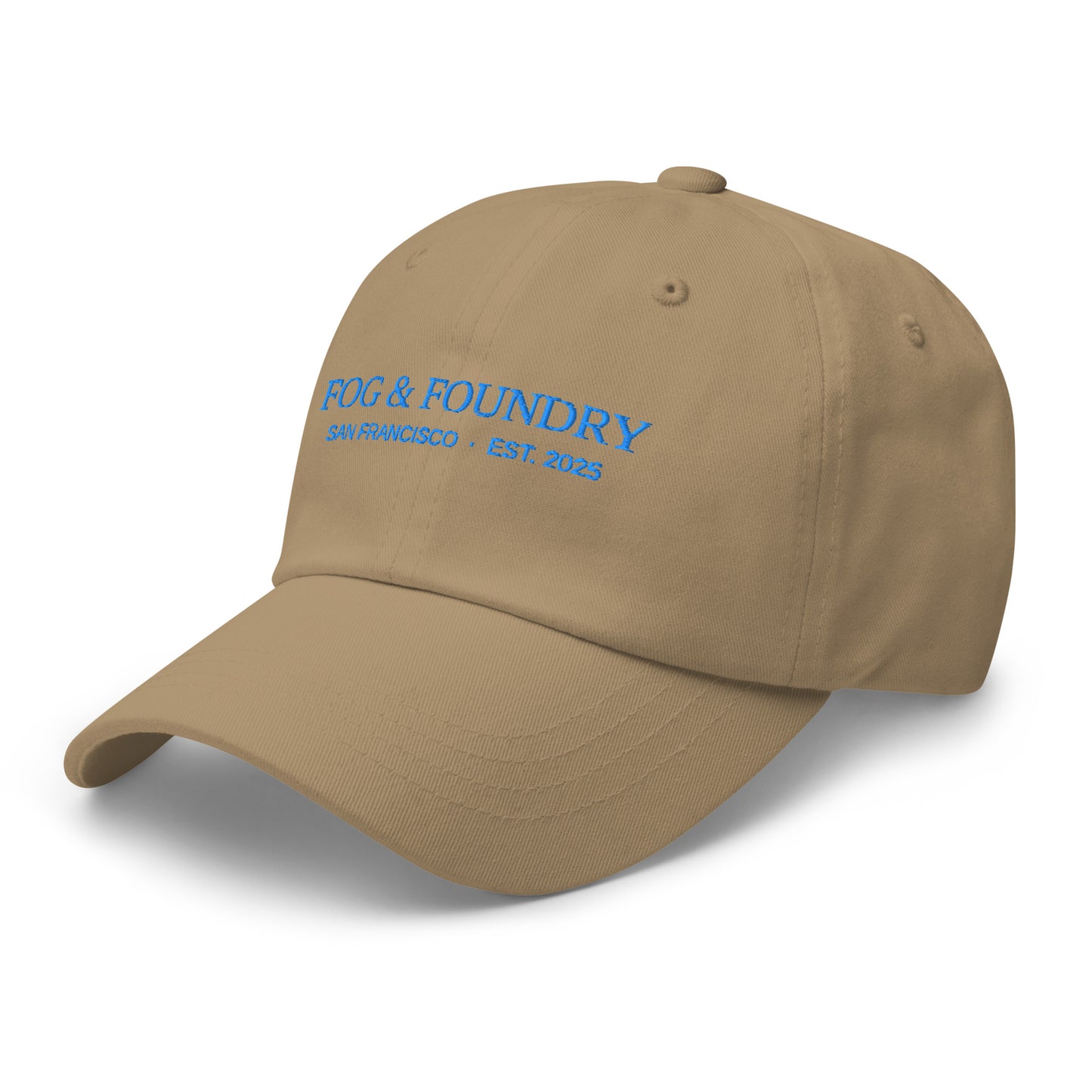 Khaki embroidered dad hat by Fog & Foundry, featuring classic sportswear style and front left embroidery detail.