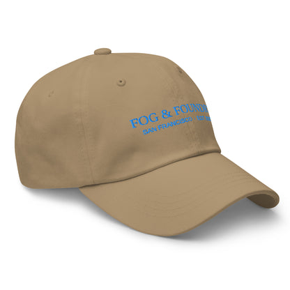 Khaki embroidered dad hat by Fog & Foundry, sporty casual cap with front embroidery, right-front view.