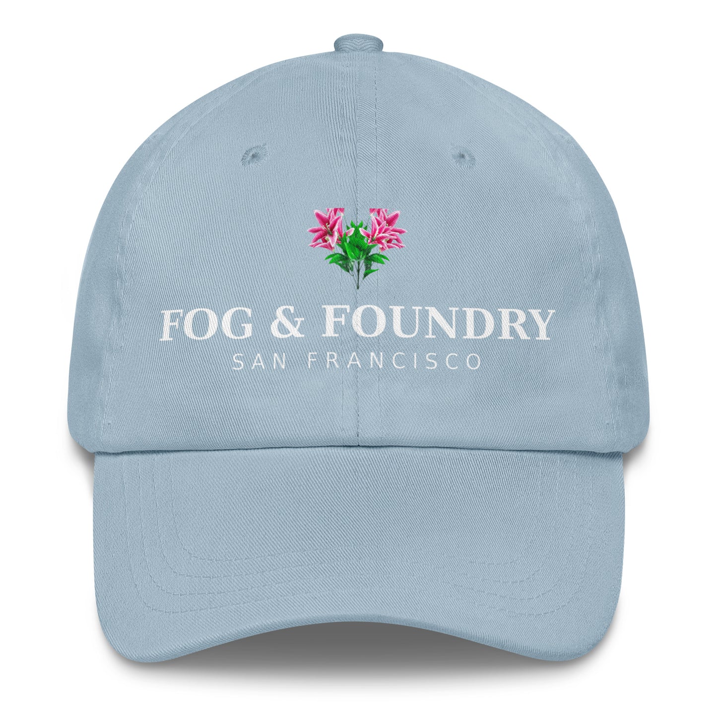 Light blue San Francisco Flower Hat by Fog & Foundry, classic dad hat style with embroidered flower design on front.