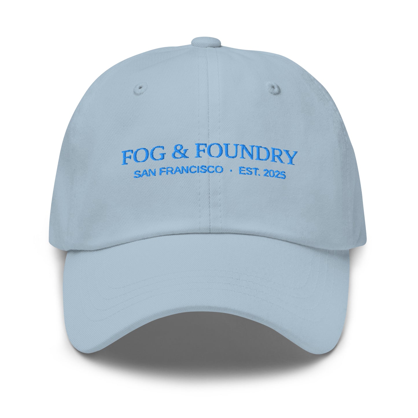 Light blue embroidered dad hat by Fog & Foundry featuring classic sportswear style with front embroidery.