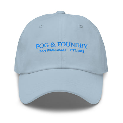 Light blue embroidered dad hat by Fog & Foundry featuring classic sportswear style with front embroidery.