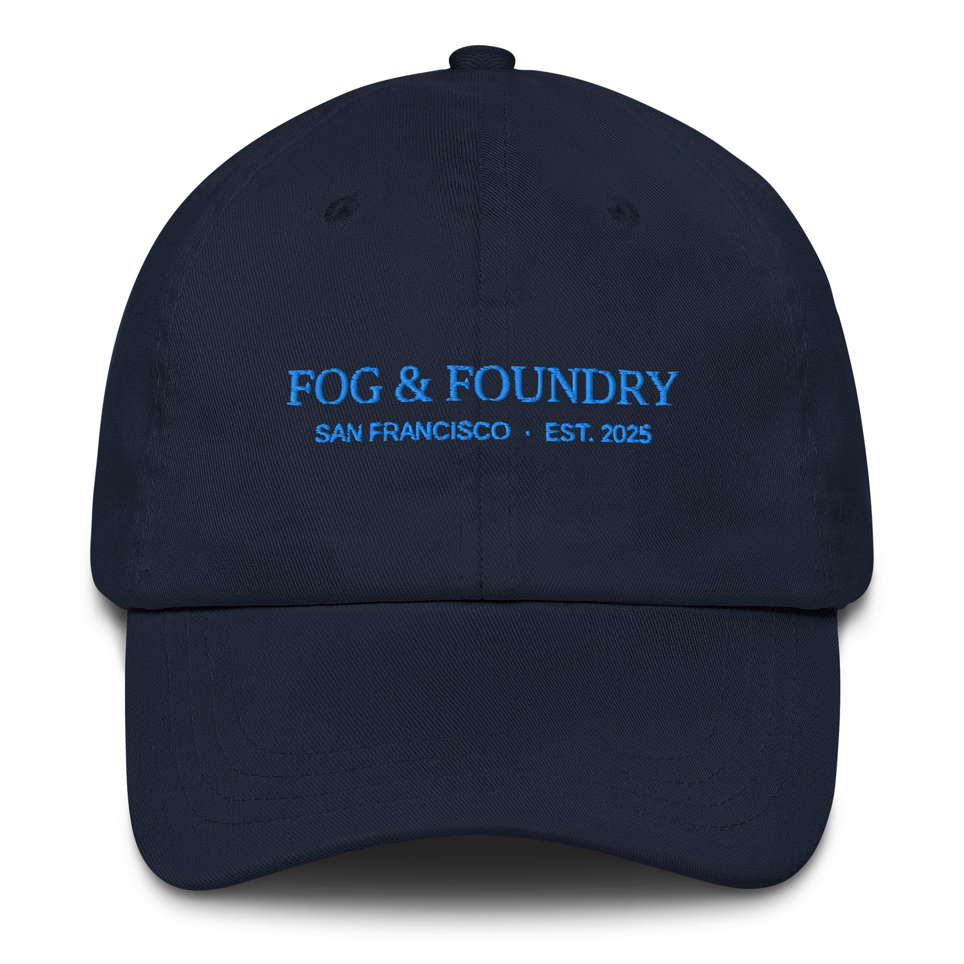 Navy embroidered dad hat by Fog & Foundry featuring a classic sportswear style with front stitching detail.