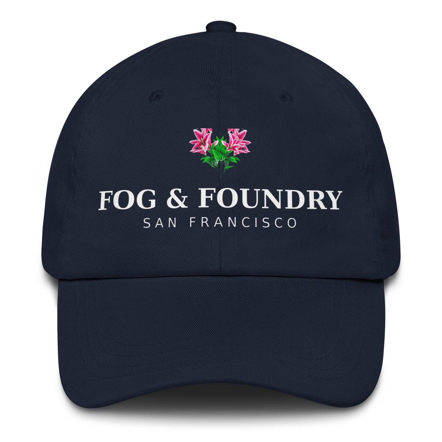 Navy San Francisco Flower Hat by Fog & Foundry featuring a classic dad hat style with embroidered flower design on front.