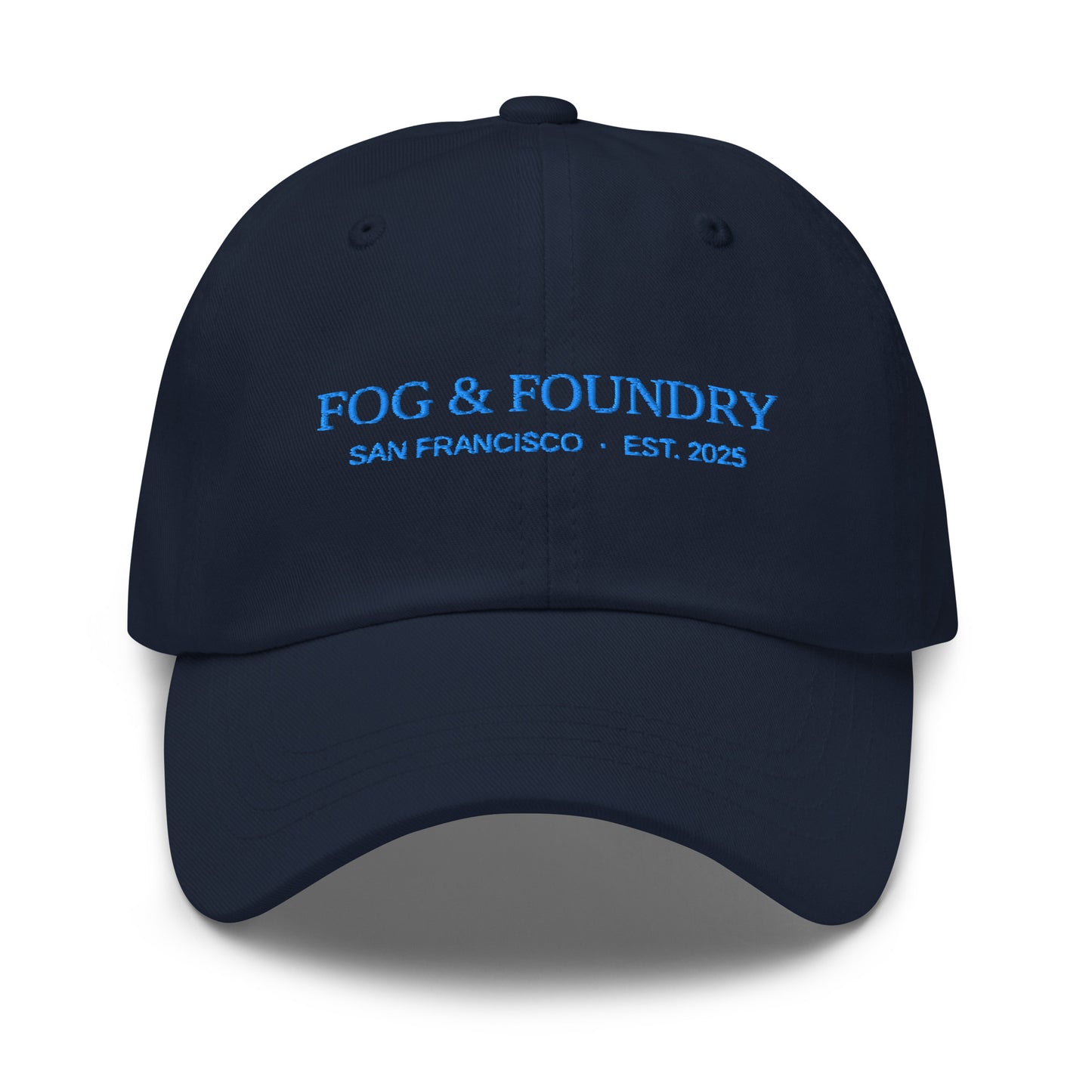 Navy embroidered dad hat by Fog & Foundry featuring classic sportswear style with front embroidery and adjustable strap