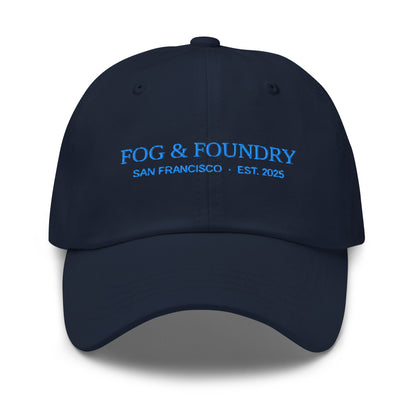 Navy embroidered dad hat by Fog & Foundry featuring classic sportswear style with front embroidery and adjustable strap